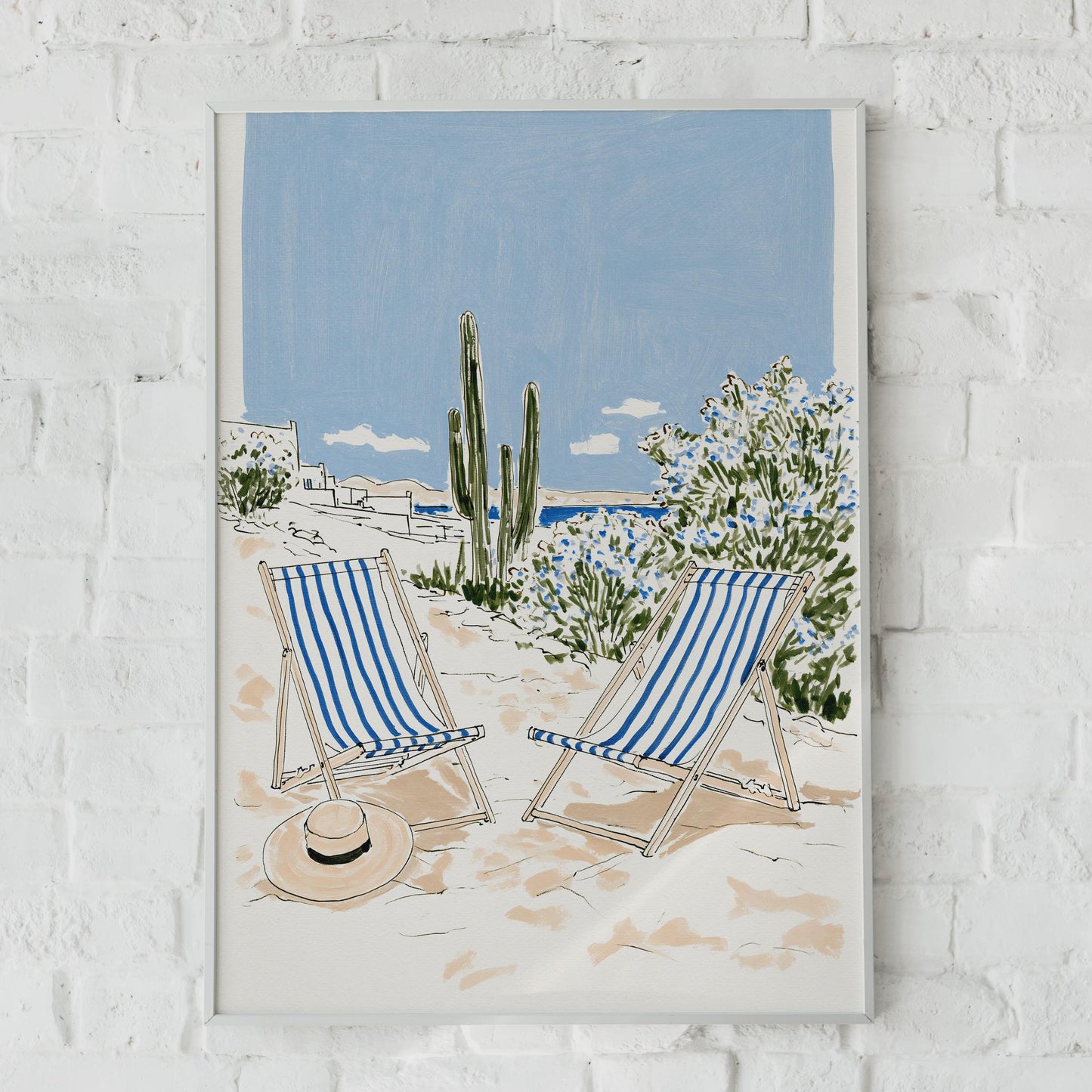 Beach Scene Art Print, Deckchairs and Straw Hat, Coastal Wall Art, Blue and White Decor, Summer