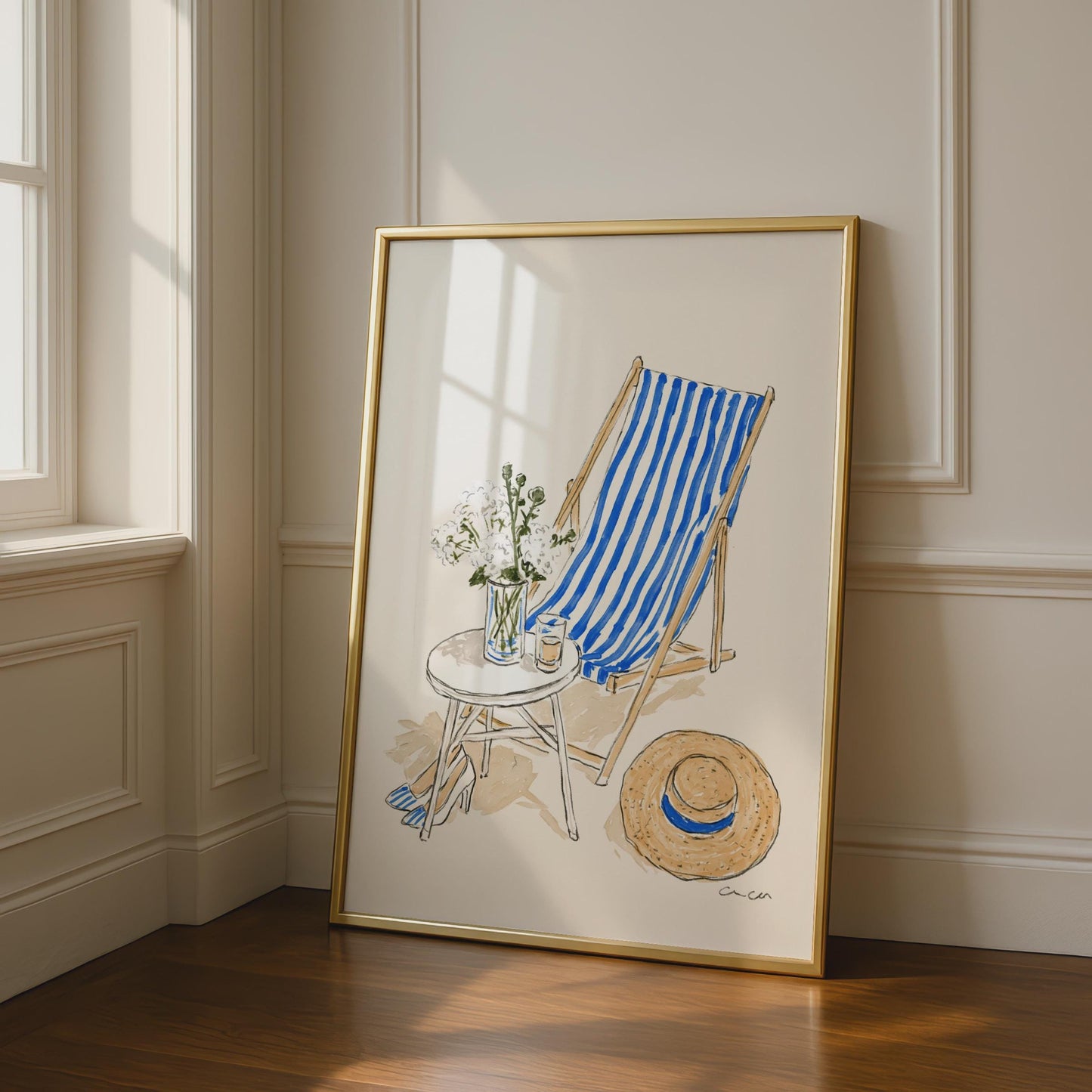 Blue Striped Deckchair Art Print, Summer Beach Wall Decor, Relaxation Poster, Floral Still Life,