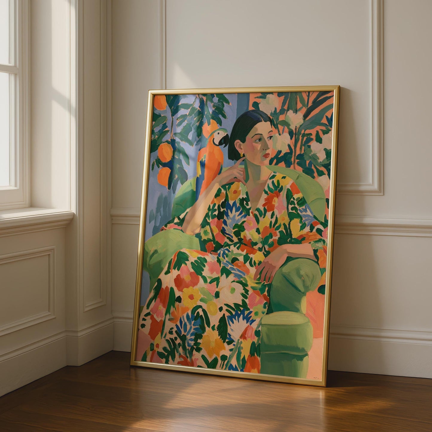 Vibrant Floral Portrait, Lady in Colourful Dress with Parrot, Wall Art Print, Contemporary Decor,