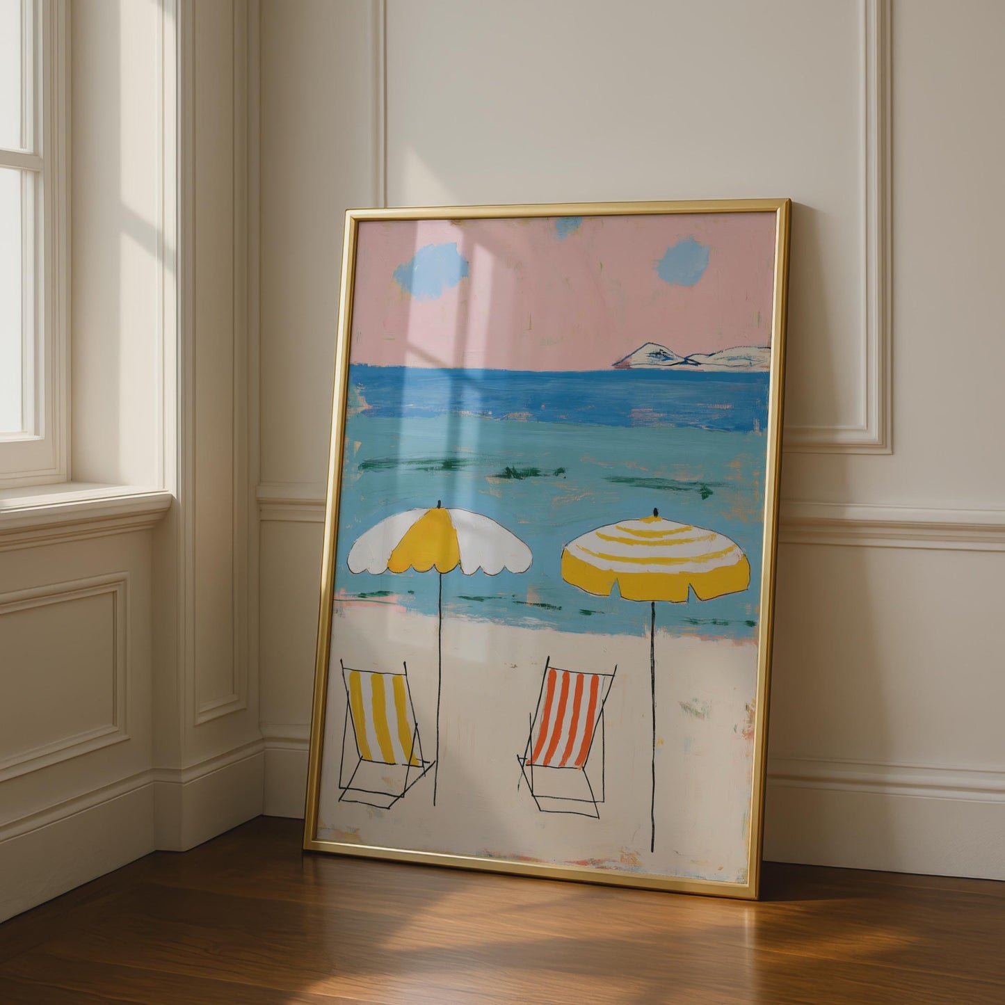 Coastal Deckchair Art Print, Vibrant Beach Umbrellas Wall Decor, Summer Seaside Illustration