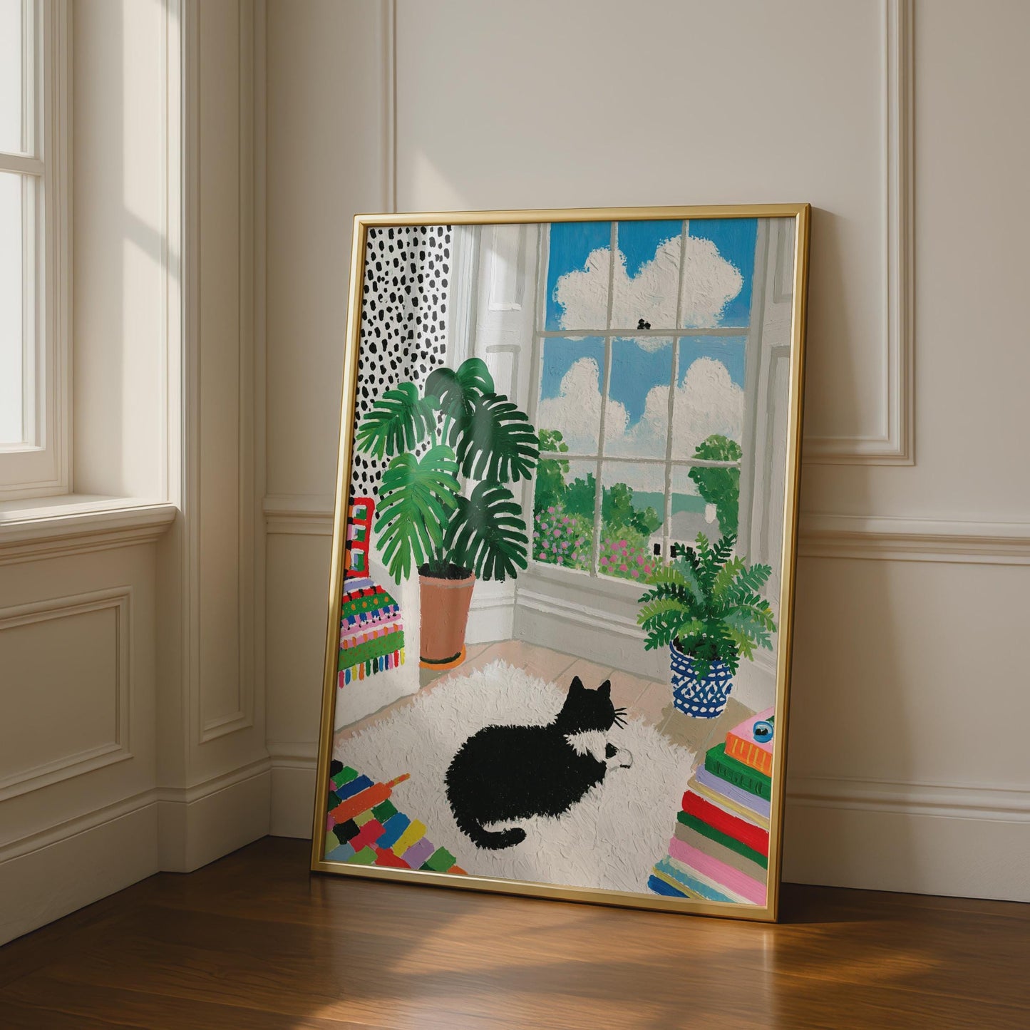 Vibrant Black Cat Looking Through Window, Colourful Home Decor, Cat Art Print, Botanical Wall Art