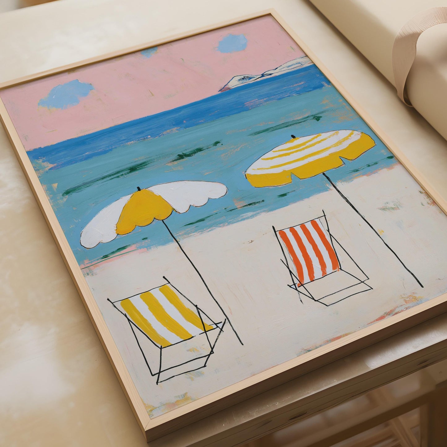 Coastal Deckchair Art Print, Vibrant Beach Umbrellas Wall Decor, Summer Seaside Illustration