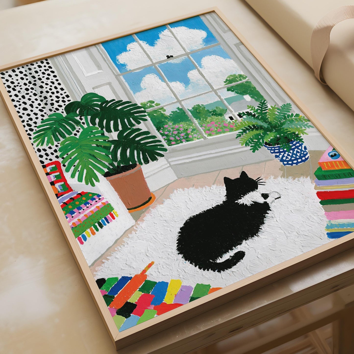 Vibrant Black Cat Looking Through Window, Colourful Home Decor, Cat Art Print, Botanical Wall Art