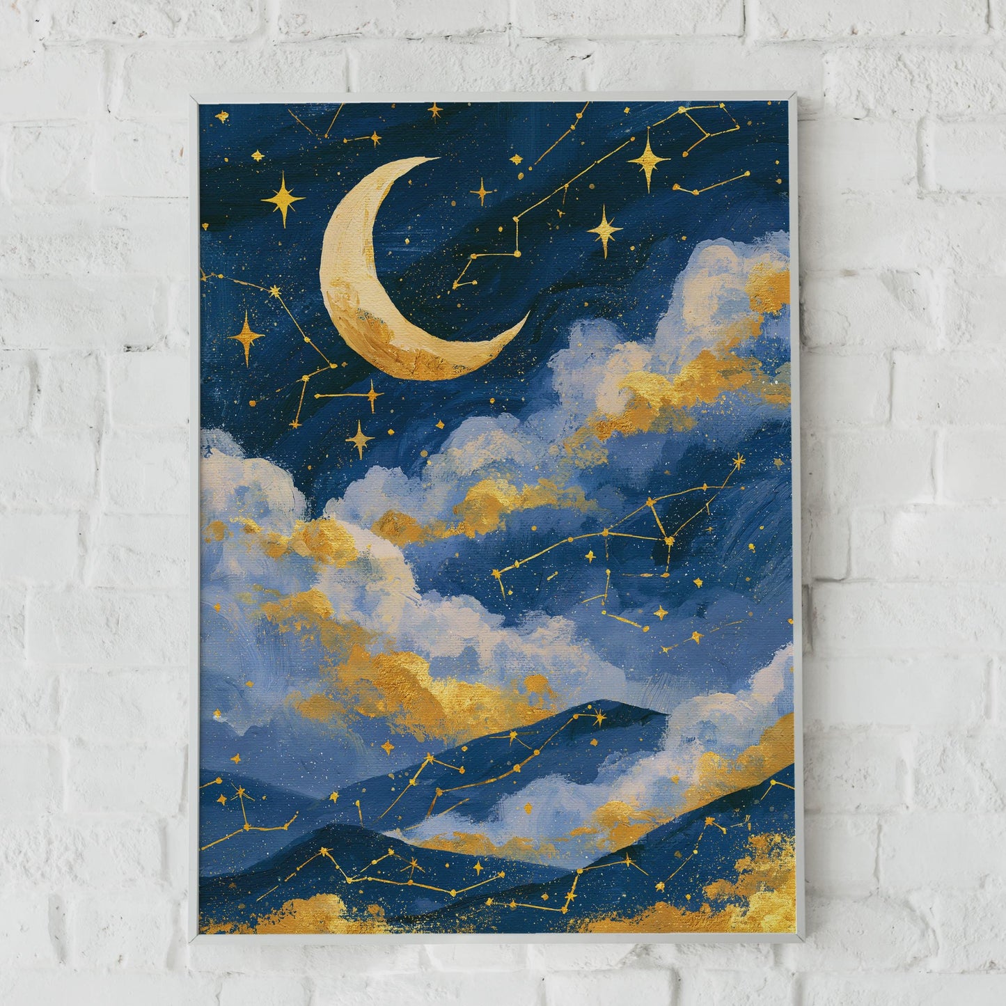 Moon and Stars Wall Art, Celestial Poster, Night Sky Decor, Constellations Print, Botanical Art,