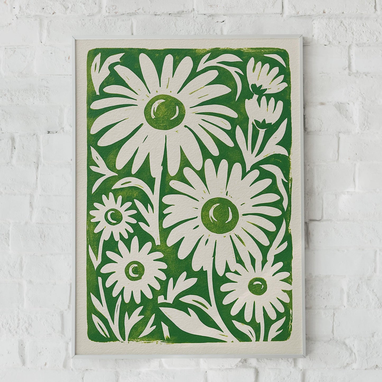 Green Daisy Linocut Print, Floral Wall Art, Botanical Decor, Handmade Print, Nature Poster, Home