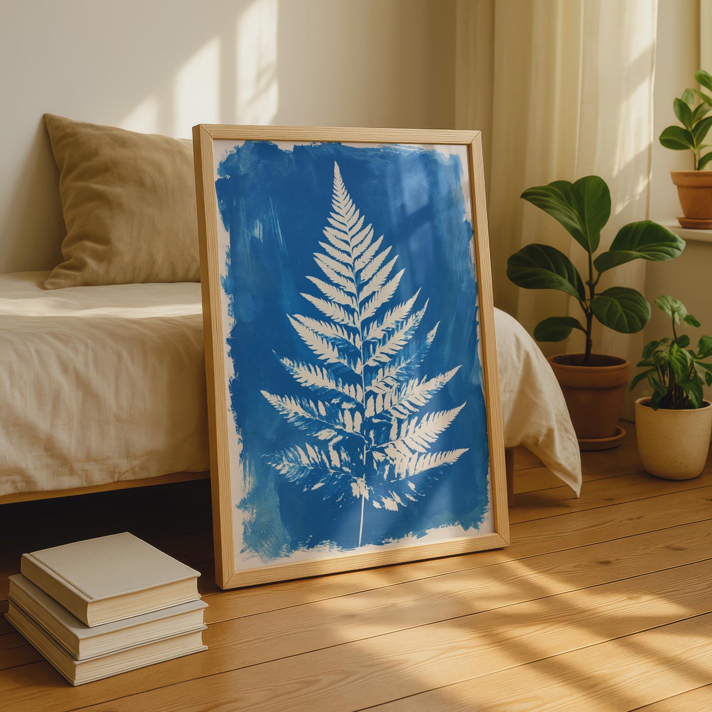 Botanical Fern Art Print, White Fern on Blue Background, Minimalist Wall Art, Nature Decor,