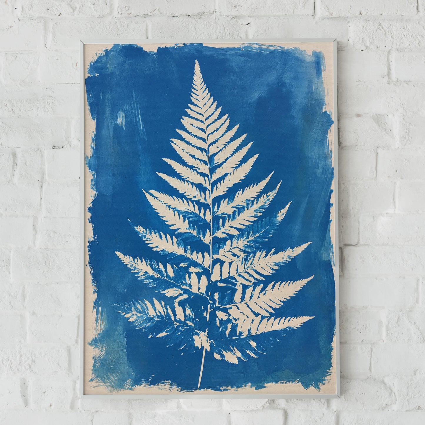 Botanical Fern Art Print, White Fern on Blue Background, Minimalist Wall Art, Nature Decor,