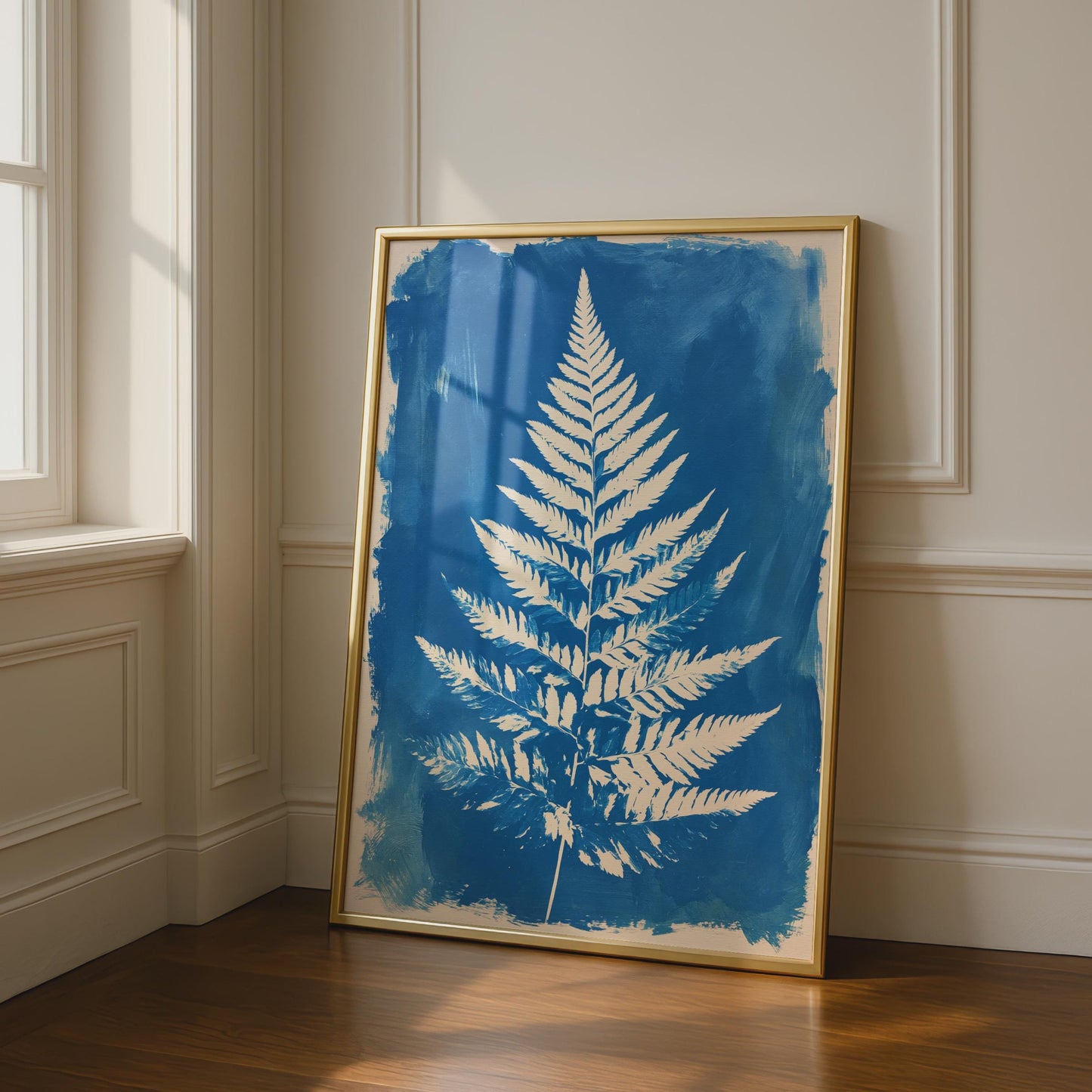 Botanical Fern Art Print, White Fern on Blue Background, Minimalist Wall Art, Nature Decor,