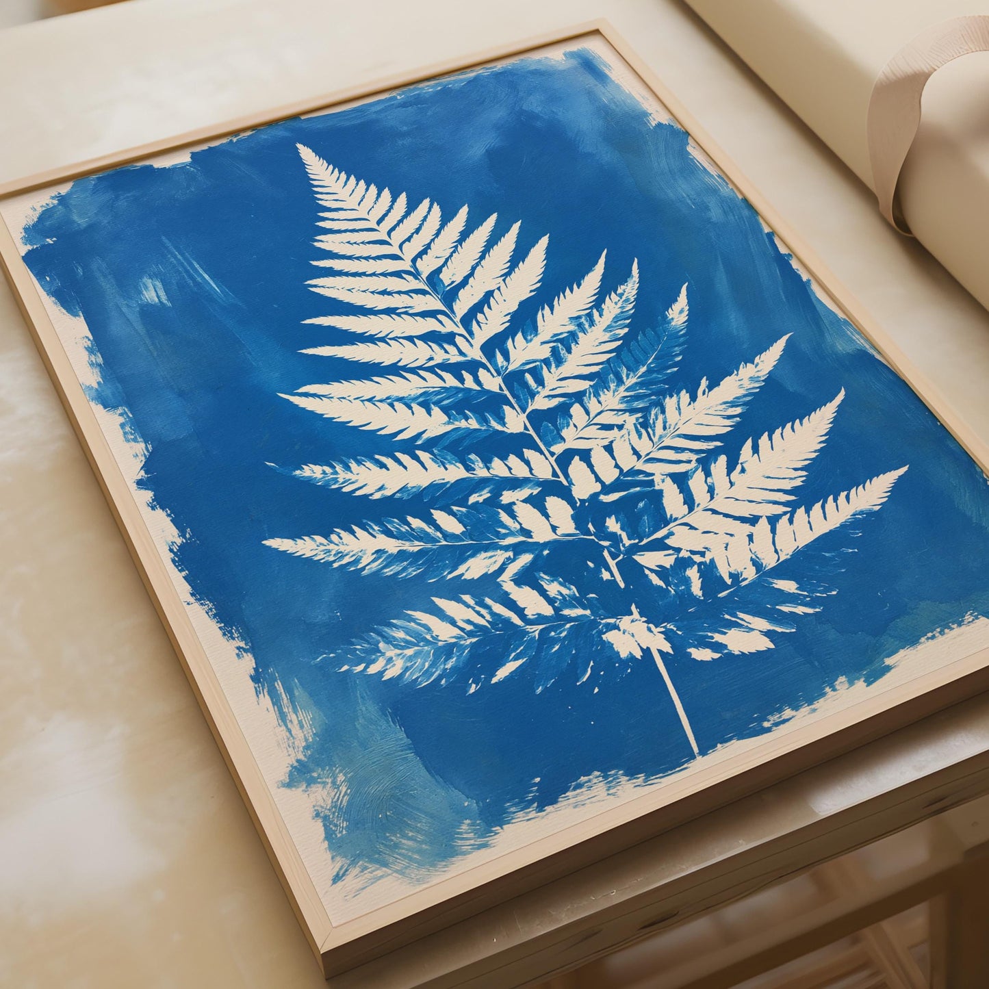 Botanical Fern Art Print, White Fern on Blue Background, Minimalist Wall Art, Nature Decor,