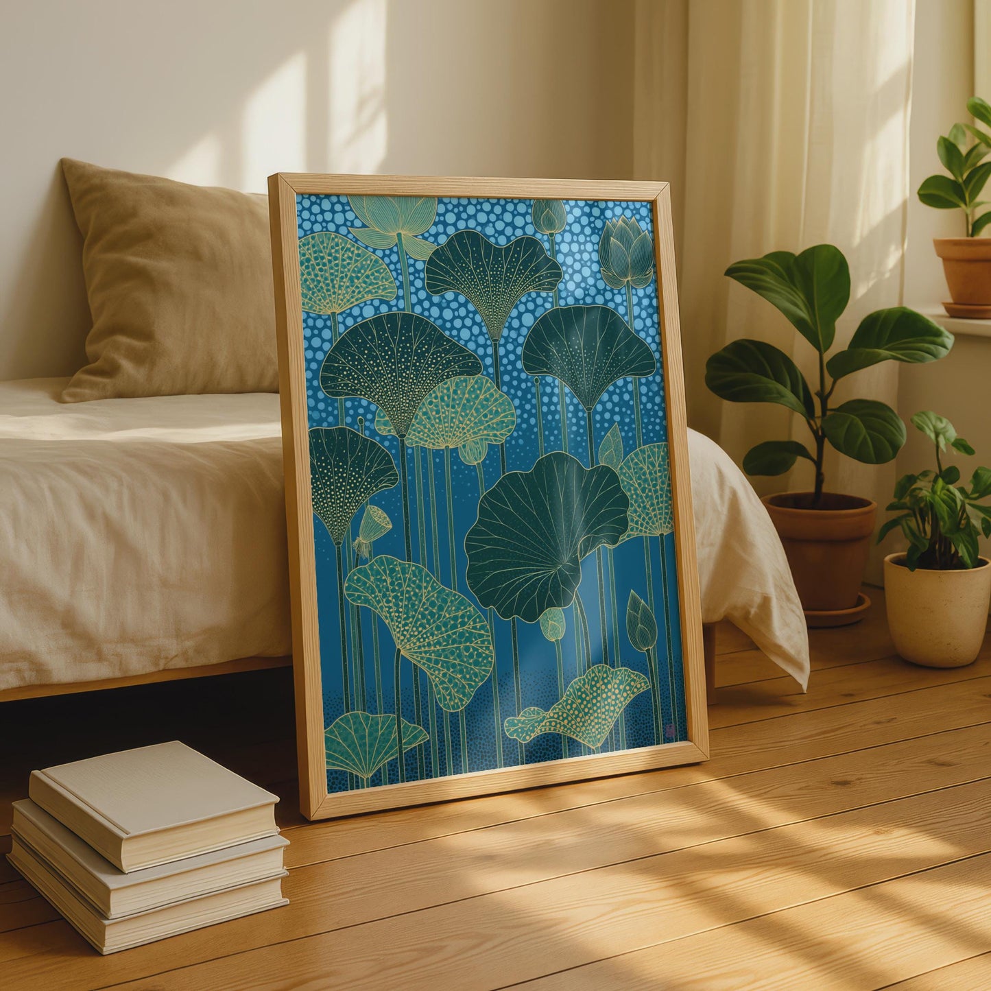 Elegant Lotus Flower Art Print, Lotus Leaves Wall Decor, Botanical Ocean Blue Poster, Modern Nature