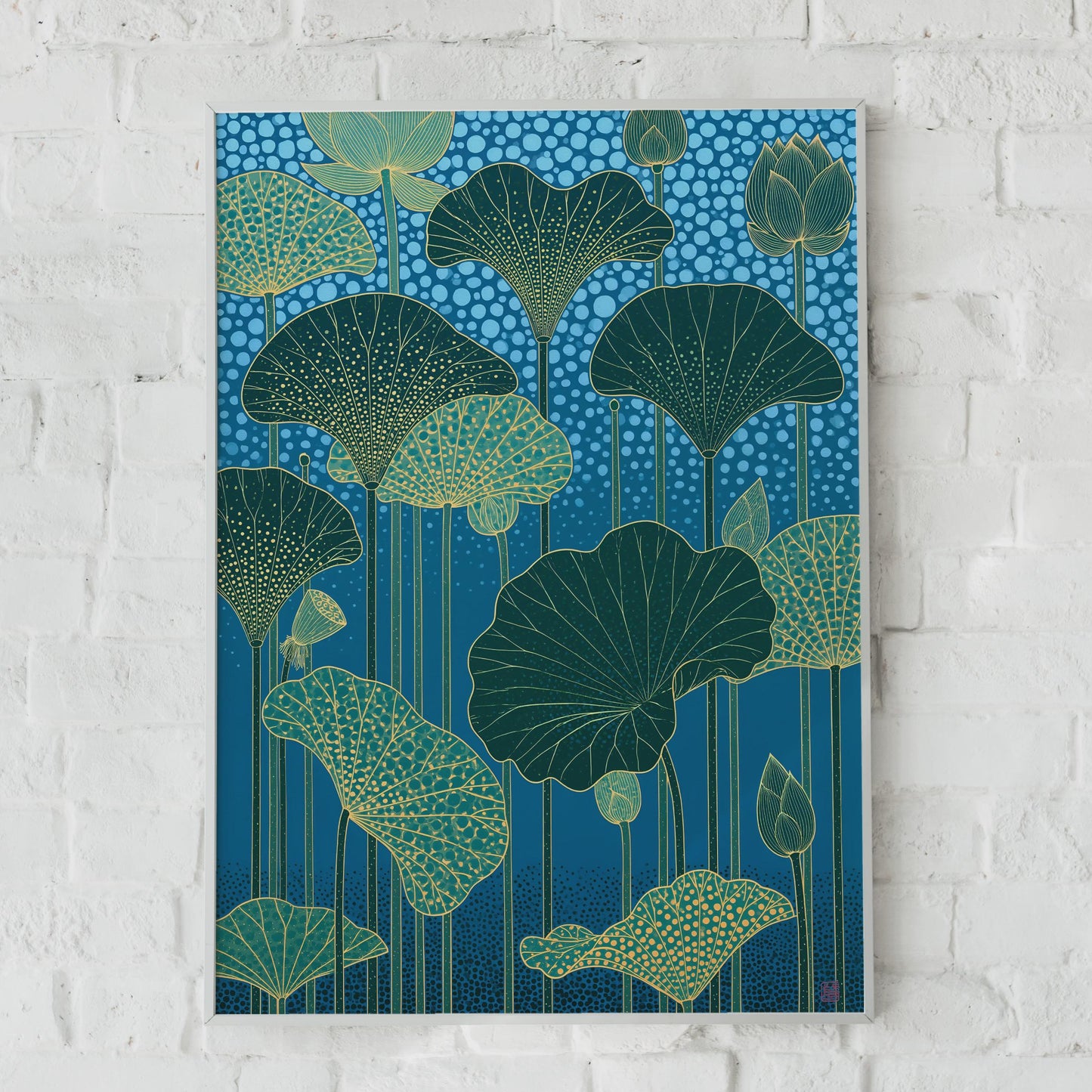 Elegant Lotus Flower Art Print, Lotus Leaves Wall Decor, Botanical Ocean Blue Poster, Modern Nature