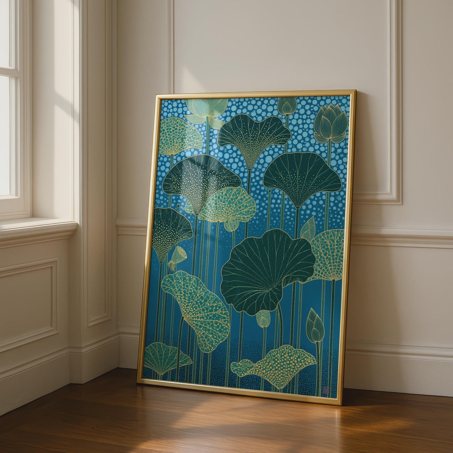 Elegant Lotus Flower Art Print, Lotus Leaves Wall Decor, Botanical Ocean Blue Poster, Modern Nature