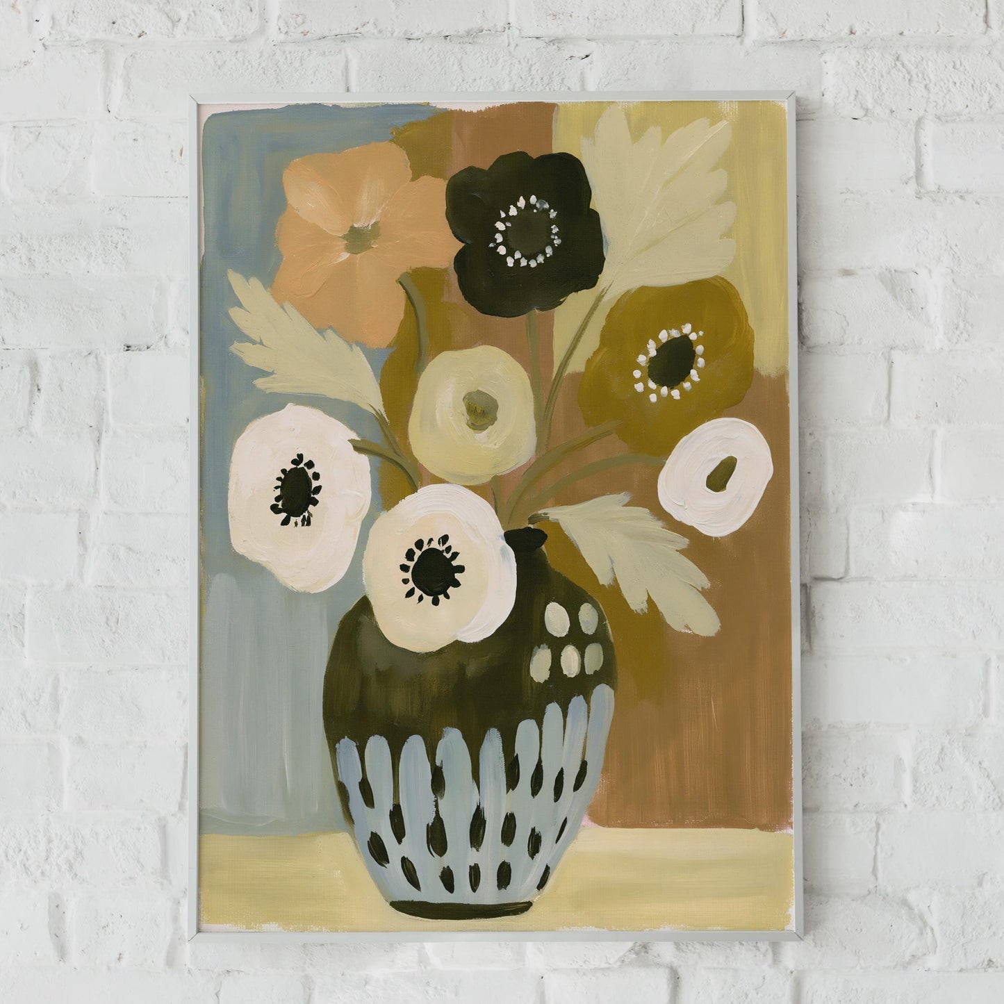 Botanical Wall Art, Brown Vase with Colourful Flowers, Modern Floral Print for Home Decor