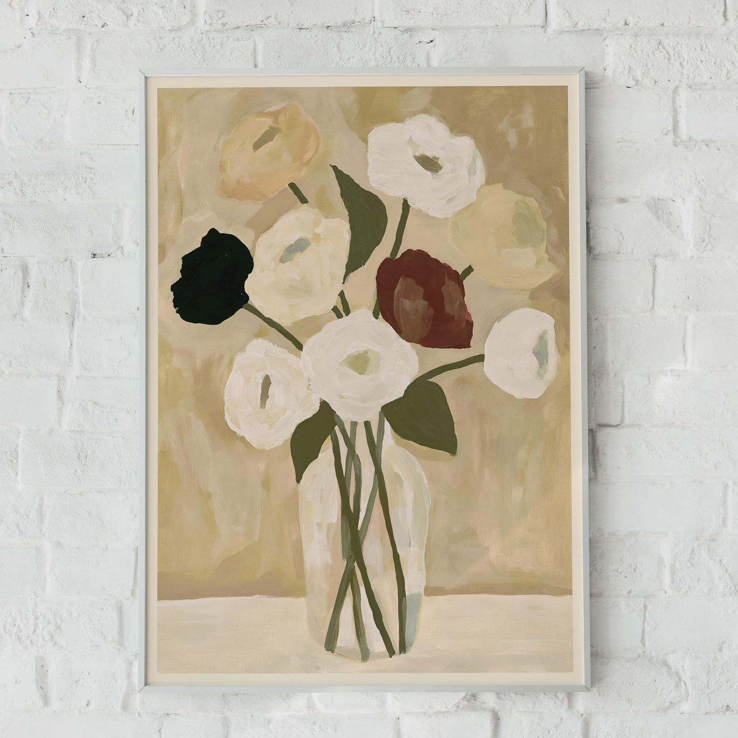 Elegant Floral Wall Art, Clear Vase with Neutral Flowers, Minimalist Canvas Print, Modern Home Decor