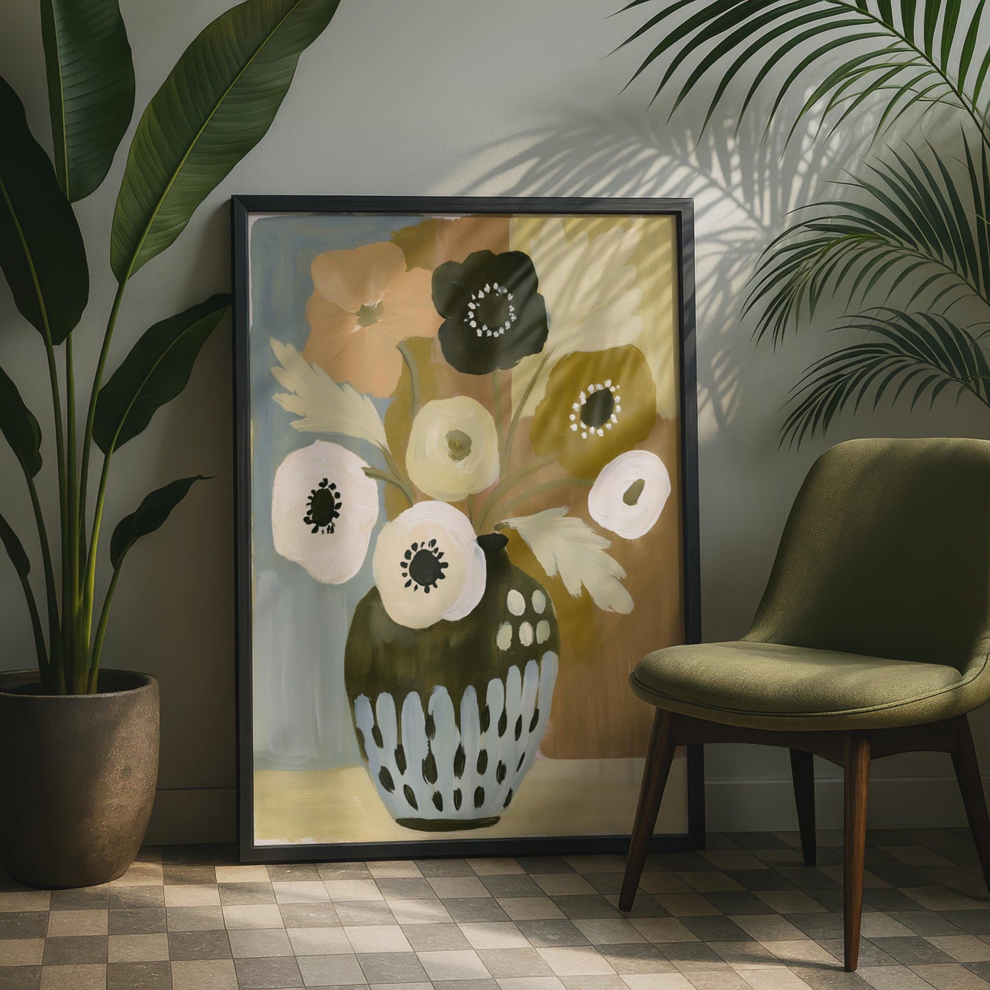 Botanical Wall Art, Brown Vase with Colourful Flowers, Modern Floral Print for Home Decor