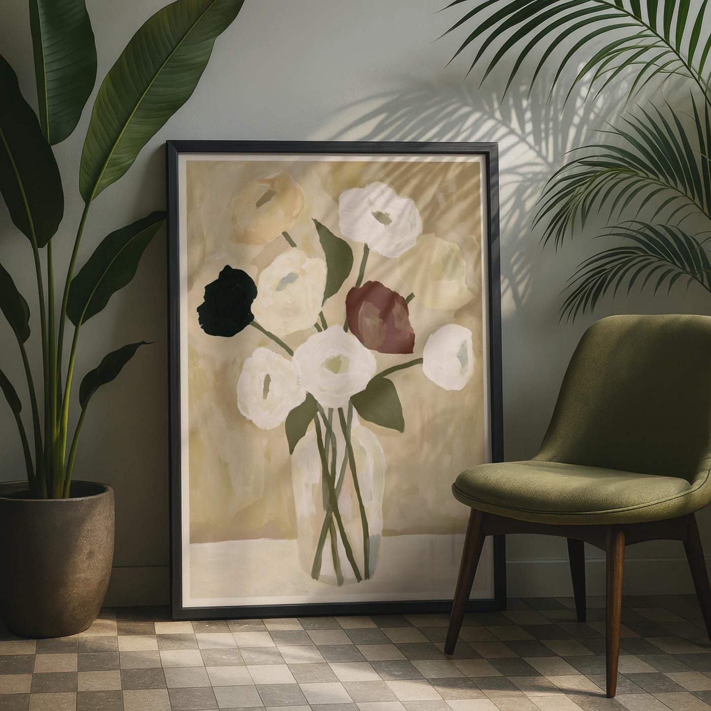 Elegant Floral Wall Art, Clear Vase with Neutral Flowers, Minimalist Canvas Print, Modern Home Decor