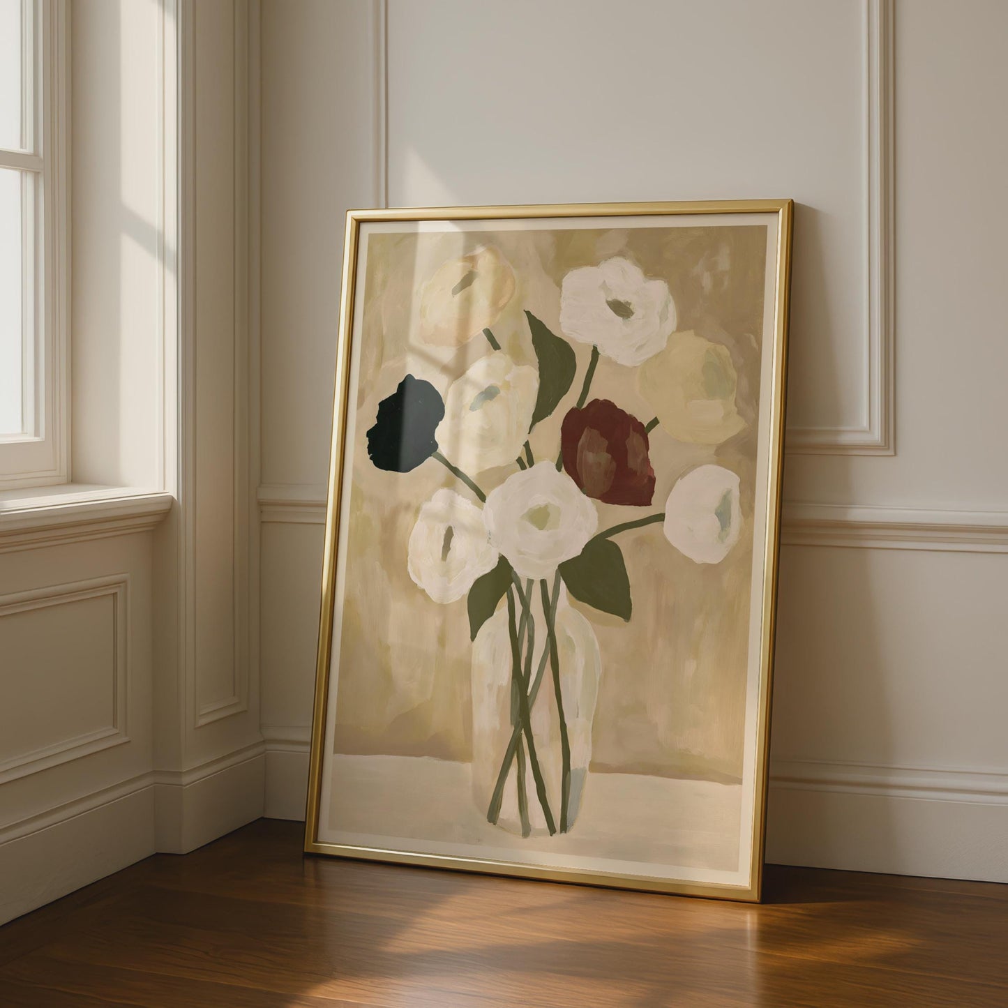 Elegant Floral Wall Art, Clear Vase with Neutral Flowers, Minimalist Canvas Print, Modern Home Decor