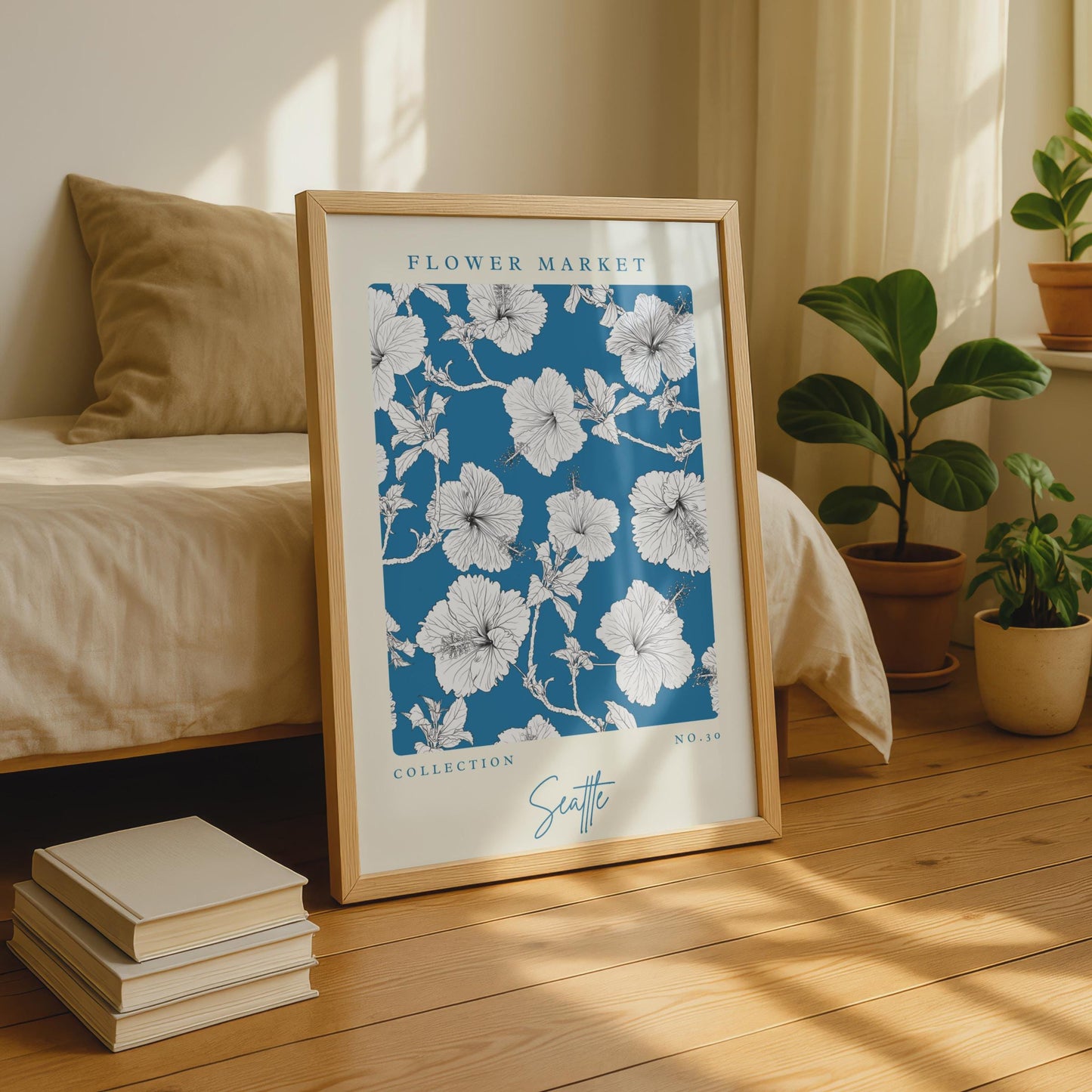 Hibiscus Flower Market Art Print, Floral Wall Decor, Seattle Collection No.30, Blue Botanical Poster