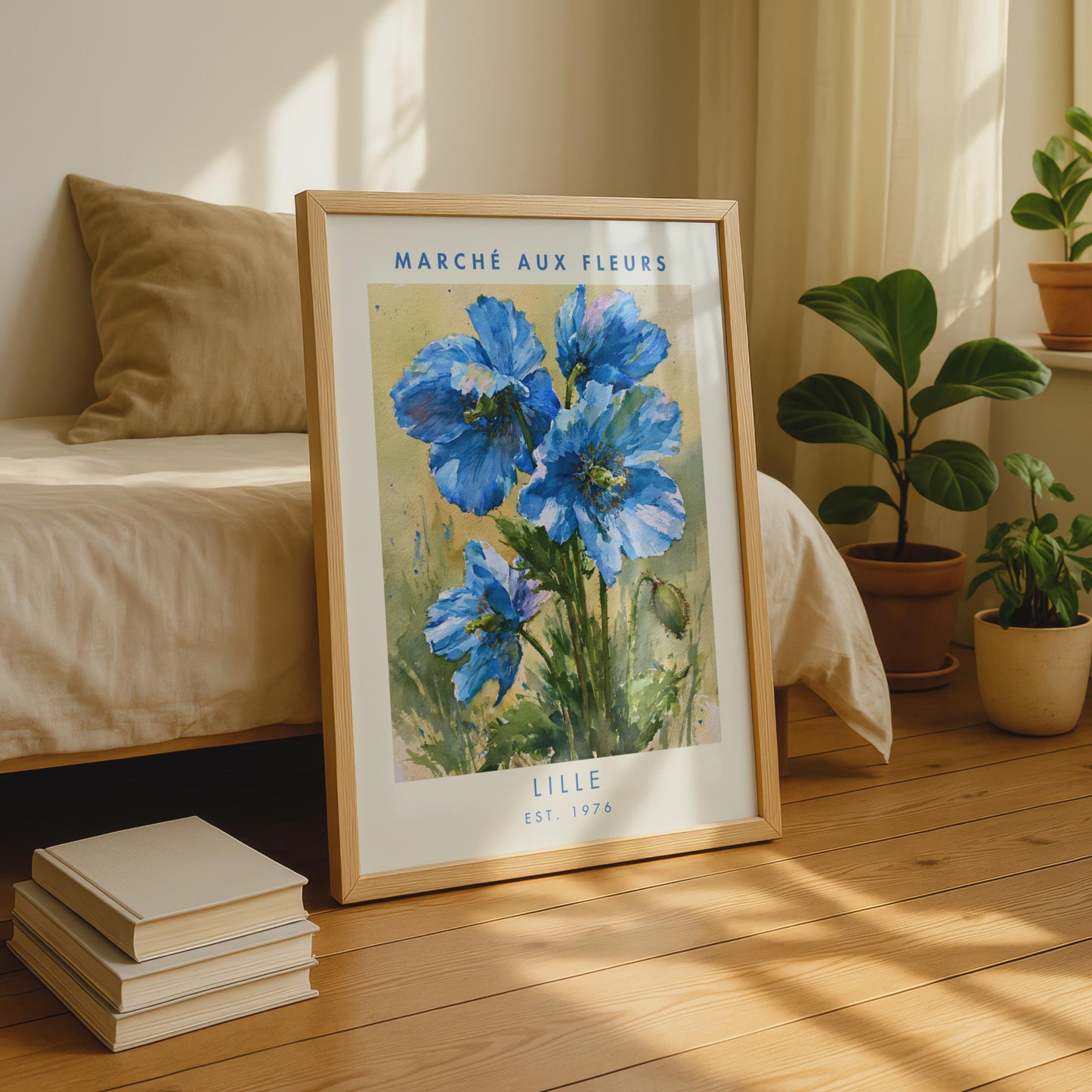Blue Flower Art Print, Marche Aux Fleurs Poster, Lille Watercolour Floral Decor