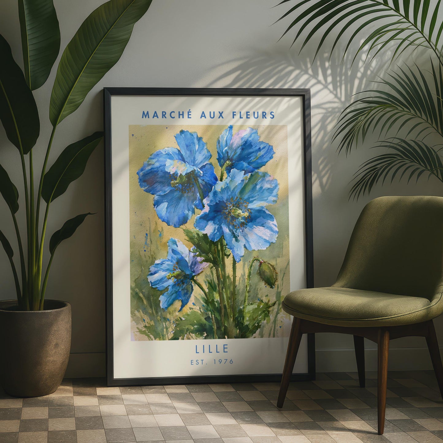 Blue Flower Art Print, Marche Aux Fleurs Poster, Lille Watercolour Floral Decor