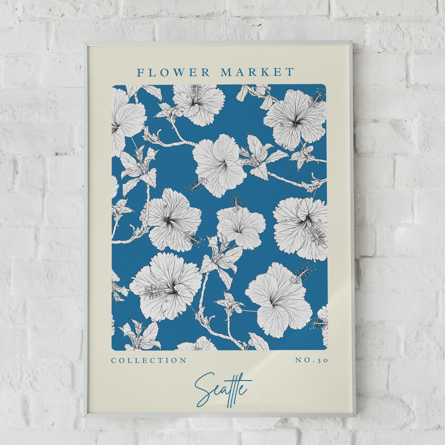 Hibiscus Flower Market Art Print, Floral Wall Decor, Seattle Collection No.30, Blue Botanical Poster