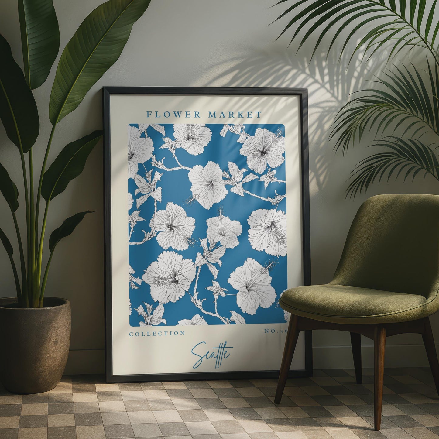 Hibiscus Flower Market Art Print, Floral Wall Decor, Seattle Collection No.30, Blue Botanical Poster
