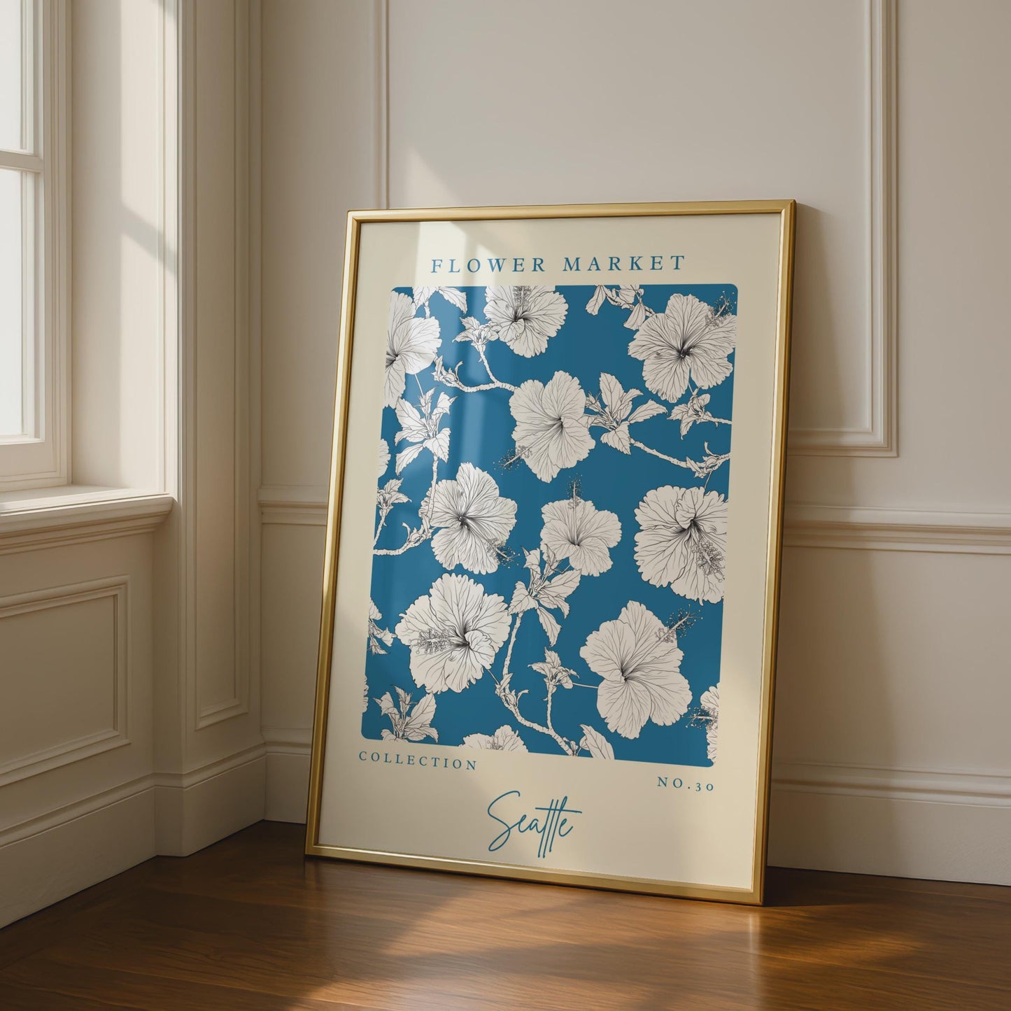 Hibiscus Flower Market Art Print, Floral Wall Decor, Seattle Collection No.30, Blue Botanical Poster