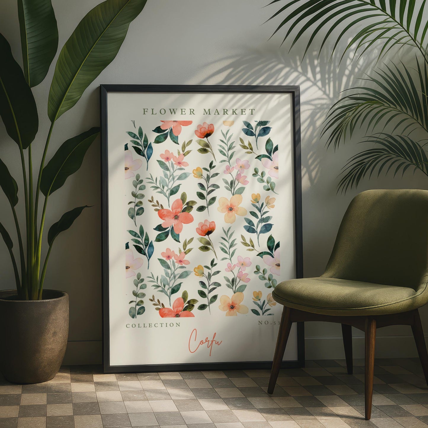 Corfu Flower Market Art Print, Watercolour Floral Poster, Botanical Wall Art, Home Decor