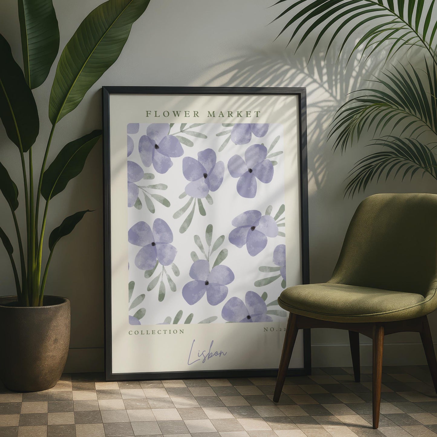 Flower Market Art Print, Botanical Wall Decor, Purple Floral Design, Lisbon Collection, Minimalist