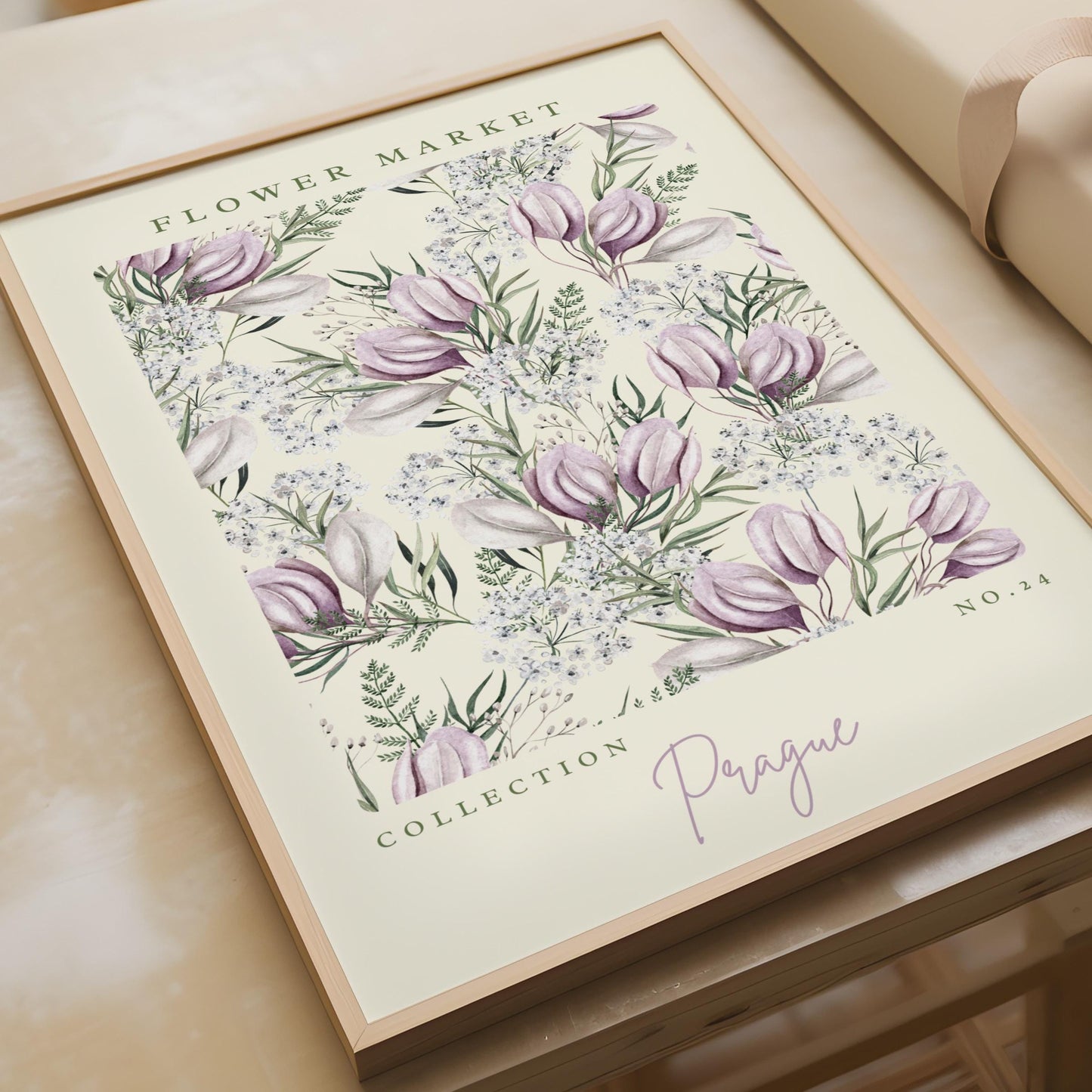 Prague Flower Market Art Print, Floral Poster, Botanical Wall Art, Soft Purple Decor, Minimalist