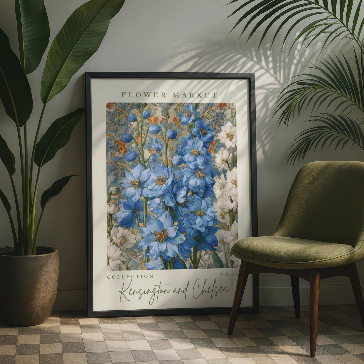 Flower Market Poster, Kensington and Chelsea Collection, Blooming Blue Floral Wall Art, Botanical