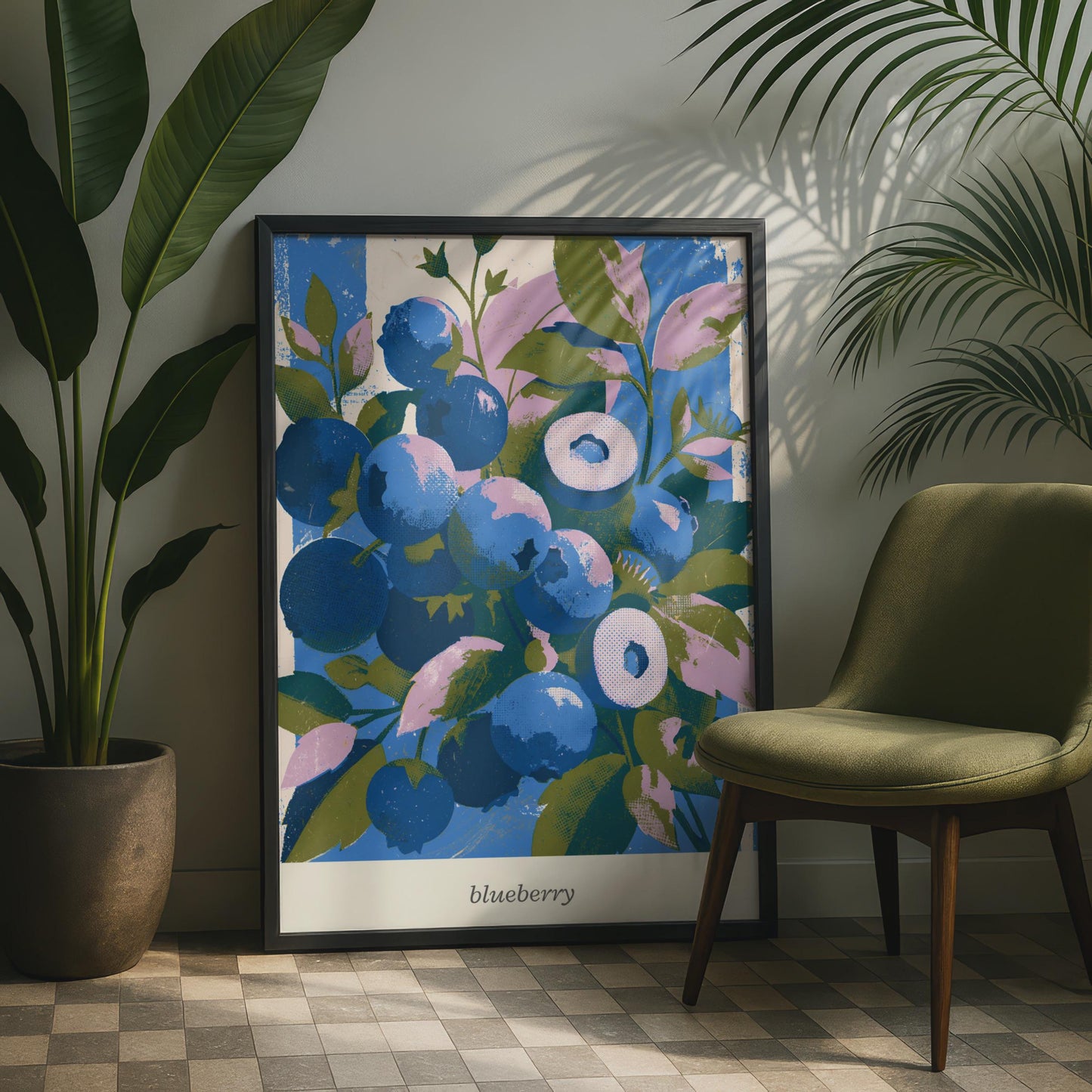 Vibrant Blueberry Wall Art, Colourful Fruit Print, Botanical Poster, Blue and Green Decor