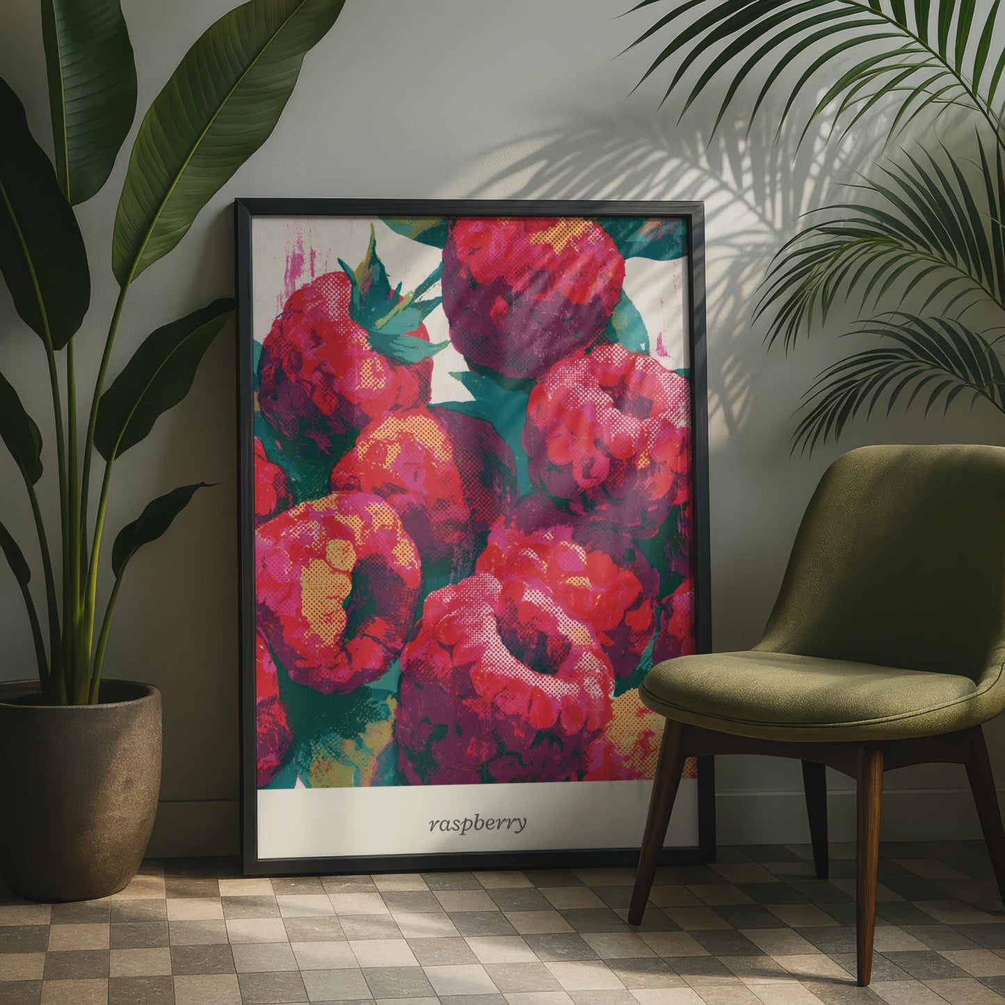 Vibrant Raspberry Print, Colourful Raspberries Wall Art, Graphic Fruit Poster, Kitchen Decor