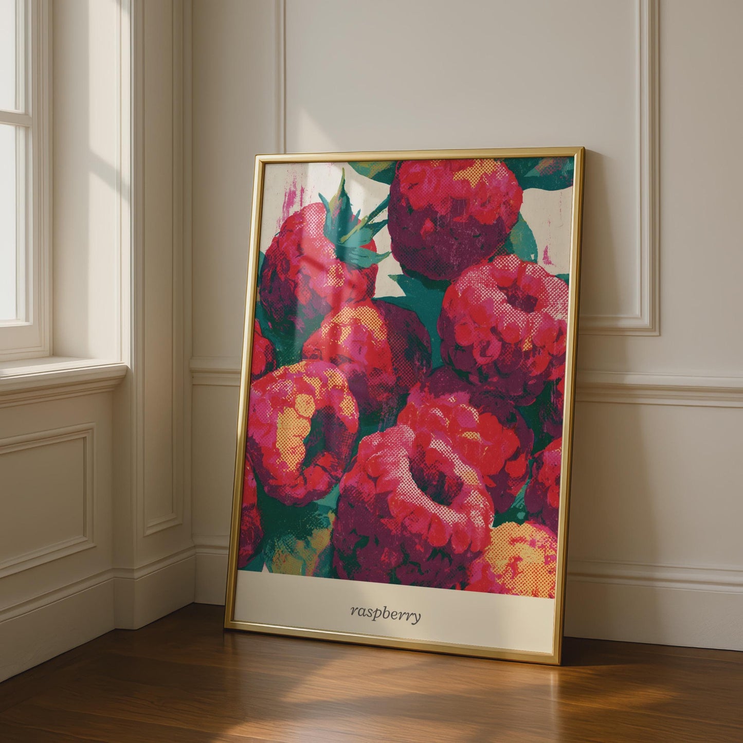 Vibrant Raspberry Print, Colourful Raspberries Wall Art, Graphic Fruit Poster, Kitchen Decor