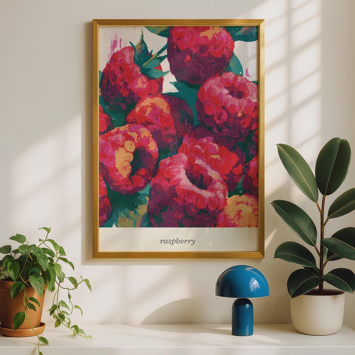 Vibrant Raspberry Print, Colourful Raspberries Wall Art, Graphic Fruit Poster, Kitchen Decor
