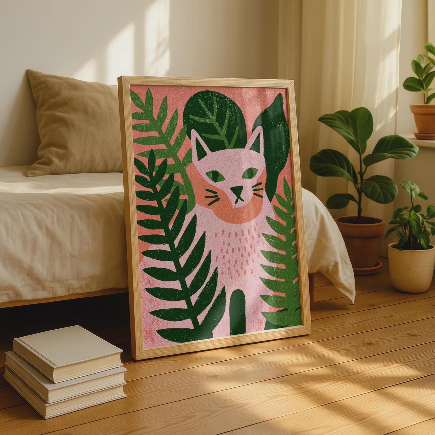 Whimsical Cat Art Print, Pink and Green Minimalist Poster, Tropical Animal Wall Art, Modern Home