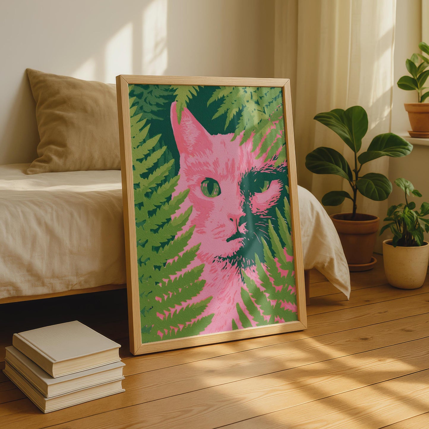 Pink Cat Portrait, Green Fern Wall Art, Bold Floral Print, Modern Animal Decor, Unique Home Artwork