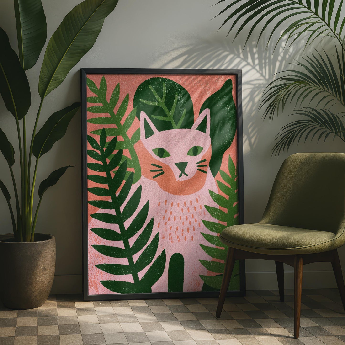 Whimsical Cat Art Print, Pink and Green Minimalist Poster, Tropical Animal Wall Art, Modern Home