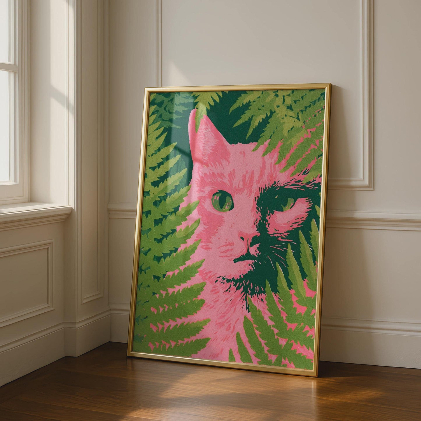 Pink Cat Portrait, Green Fern Wall Art, Bold Floral Print, Modern Animal Decor, Unique Home Artwork