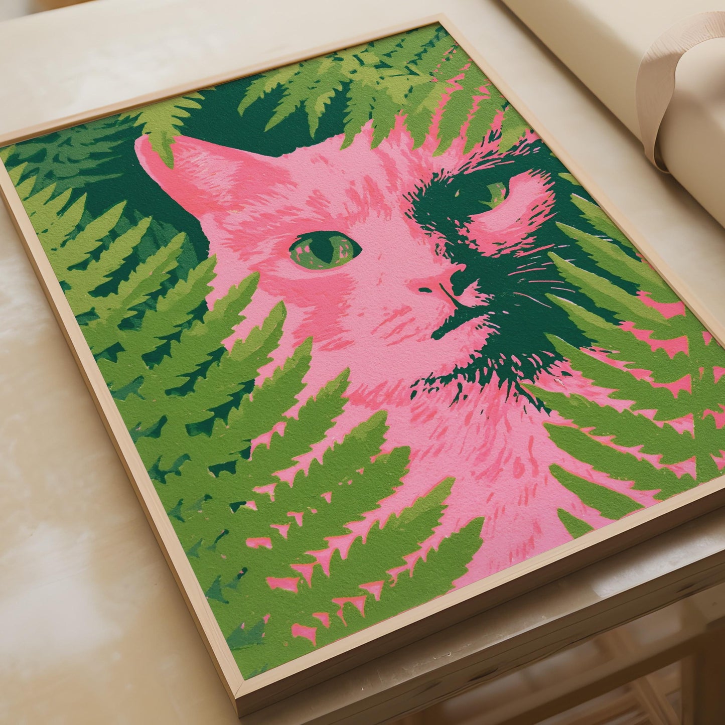 Pink Cat Portrait, Green Fern Wall Art, Bold Floral Print, Modern Animal Decor, Unique Home Artwork
