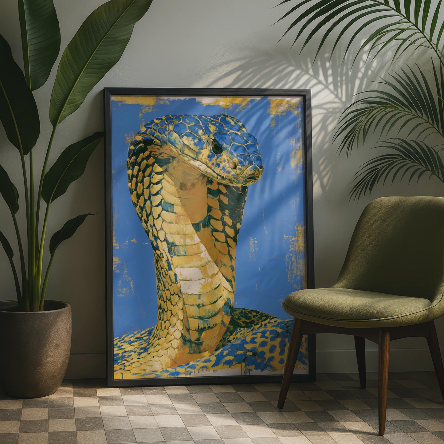 Vibrant Cobra Wall Art, Blue and Yellow Snake Print, Colourful Animal Poster, Wildlife Decor