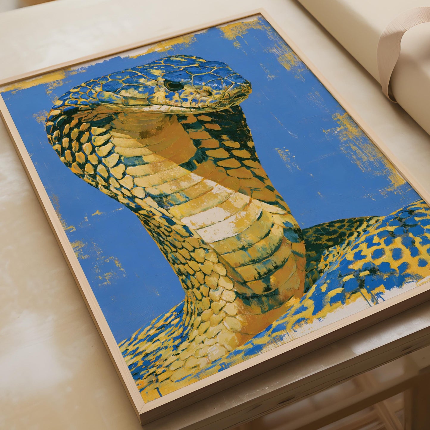 Vibrant Cobra Wall Art, Blue and Yellow Snake Print, Colourful Animal Poster, Wildlife Decor