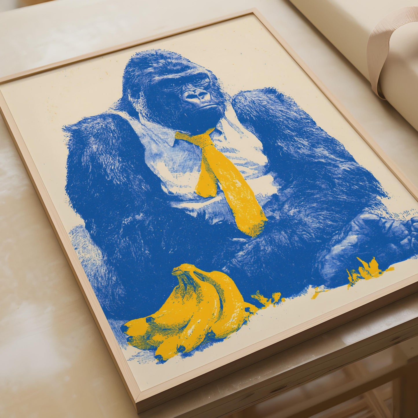 Funny Gorilla Art Print, Blue and Yellow Illustration, Office Decor, Animal Wall Art, Quirky Home