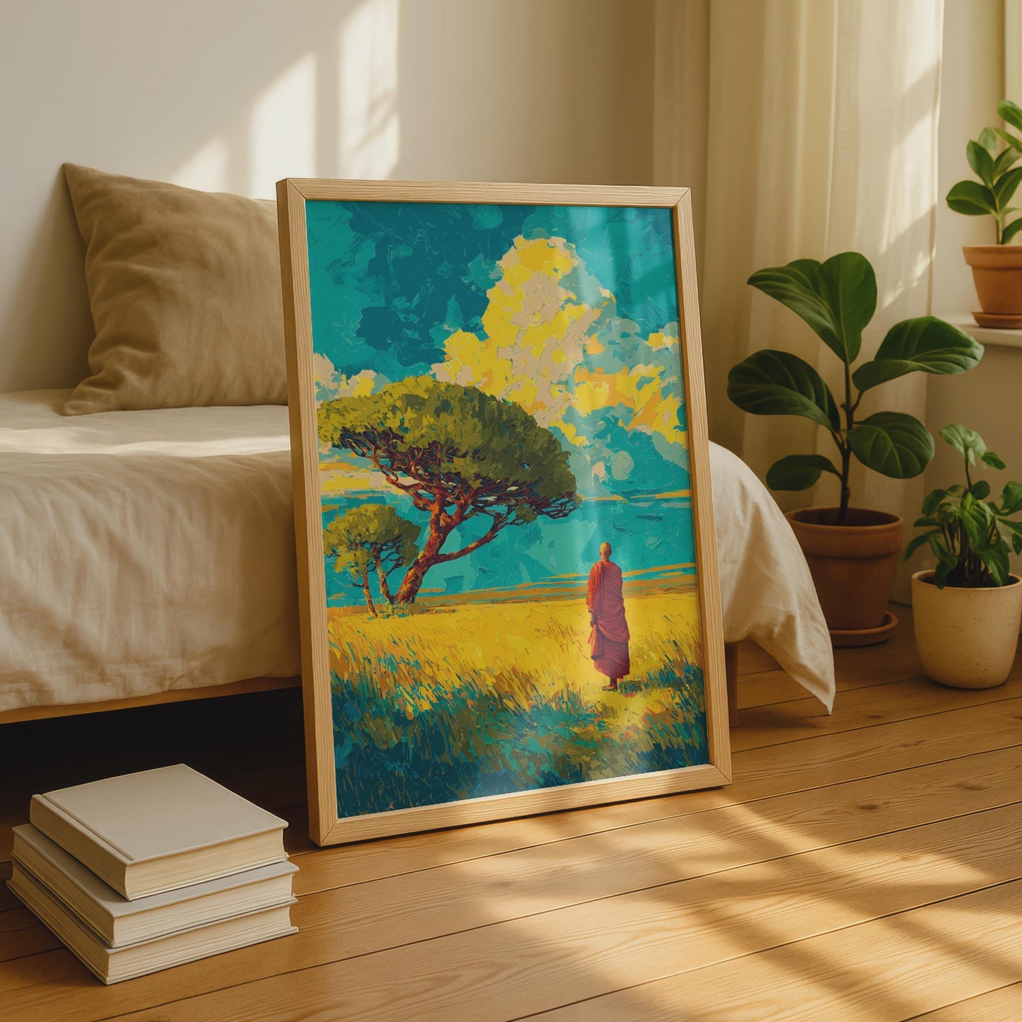 Serene Monk Art Print, Vibrant Landscape Wall Art, Colourful Meditation Poster, Nature Decor