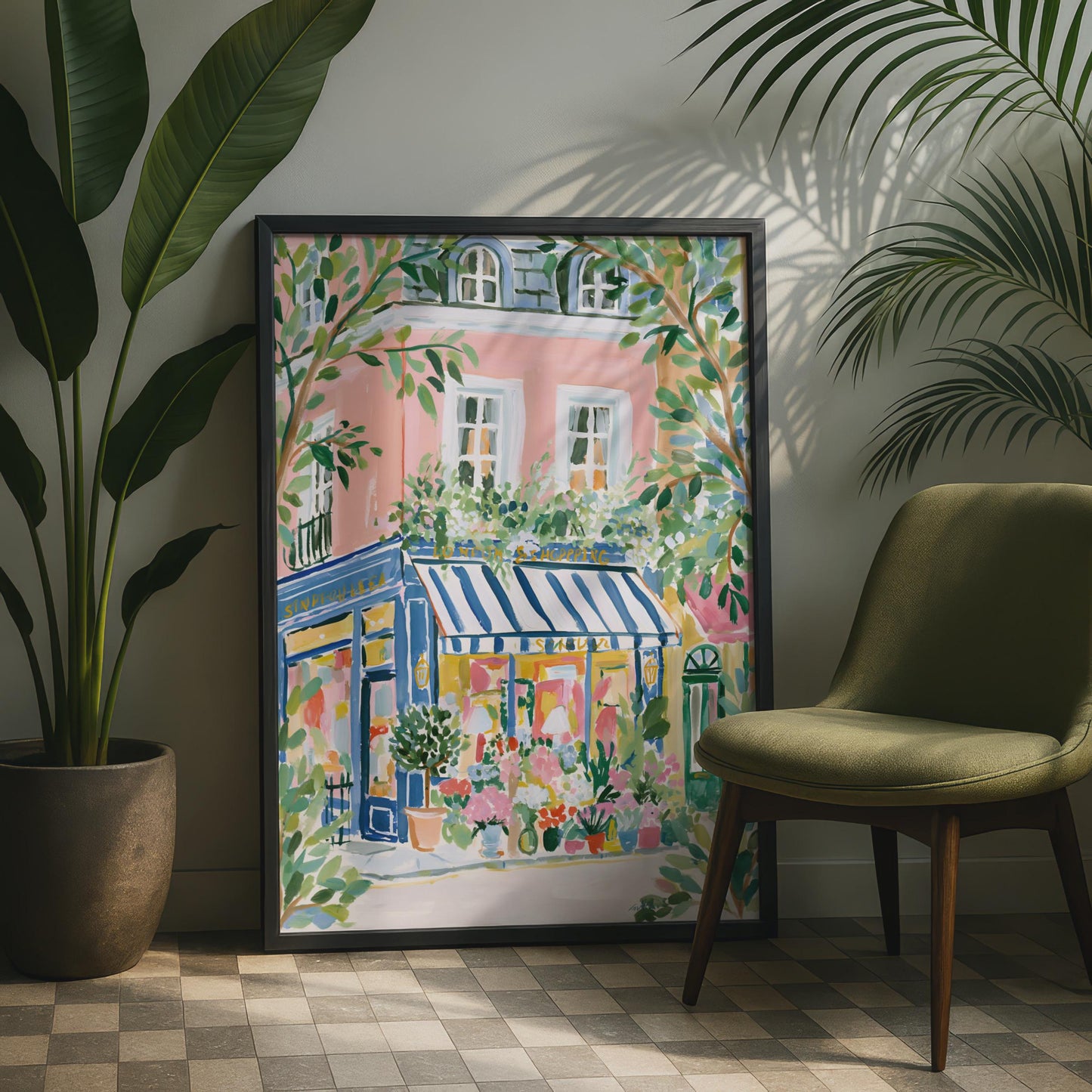 Charming Floral Shop Art Print, Parisian Scene, Colourful Wall Decor for Kitchen or Living Room