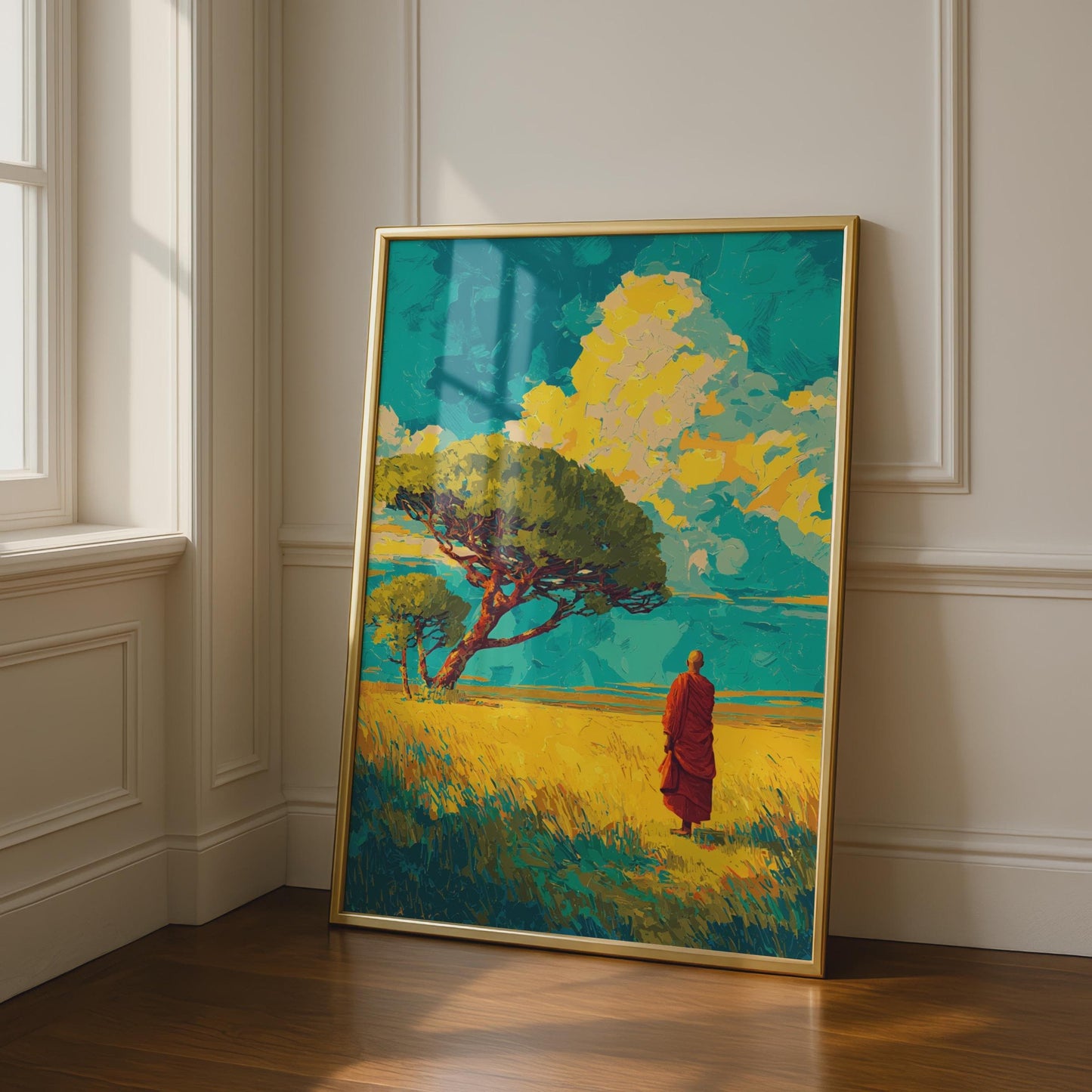 Serene Monk Art Print, Vibrant Landscape Wall Art, Colourful Meditation Poster, Nature Decor