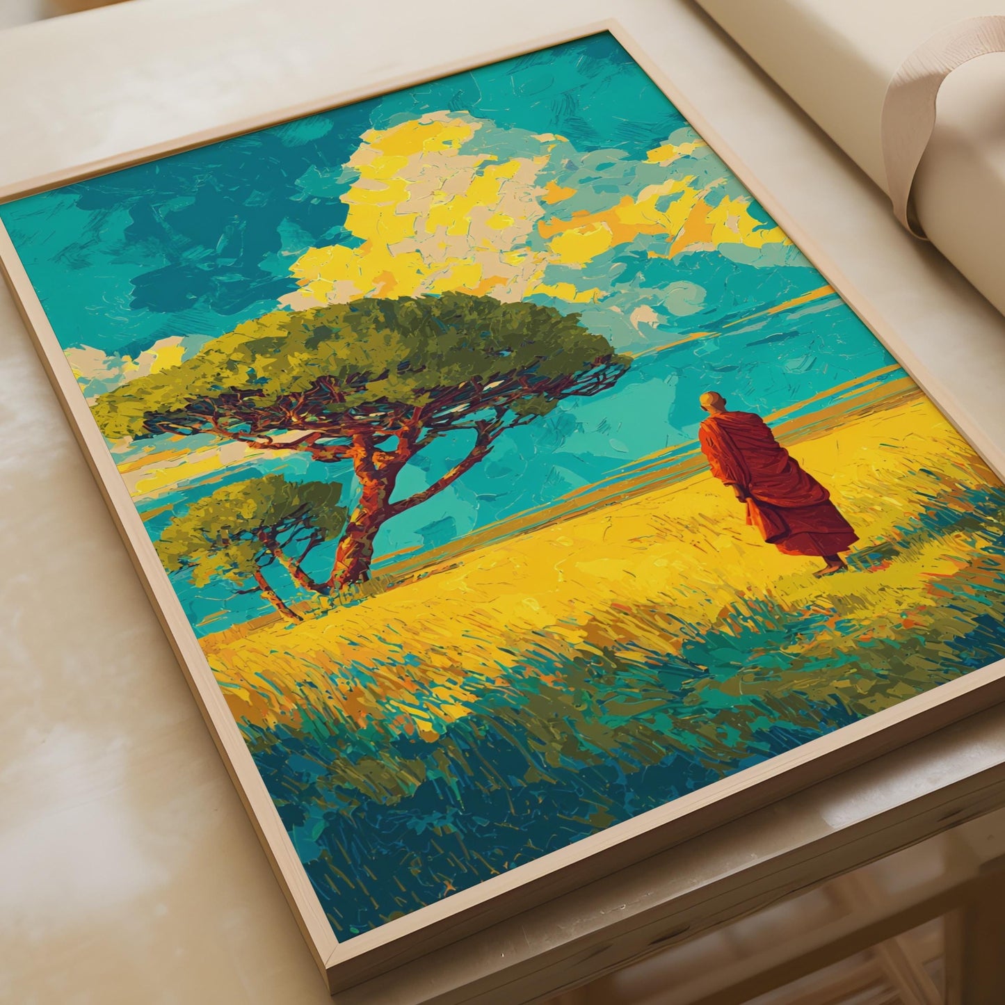 Serene Monk Art Print, Vibrant Landscape Wall Art, Colourful Meditation Poster, Nature Decor