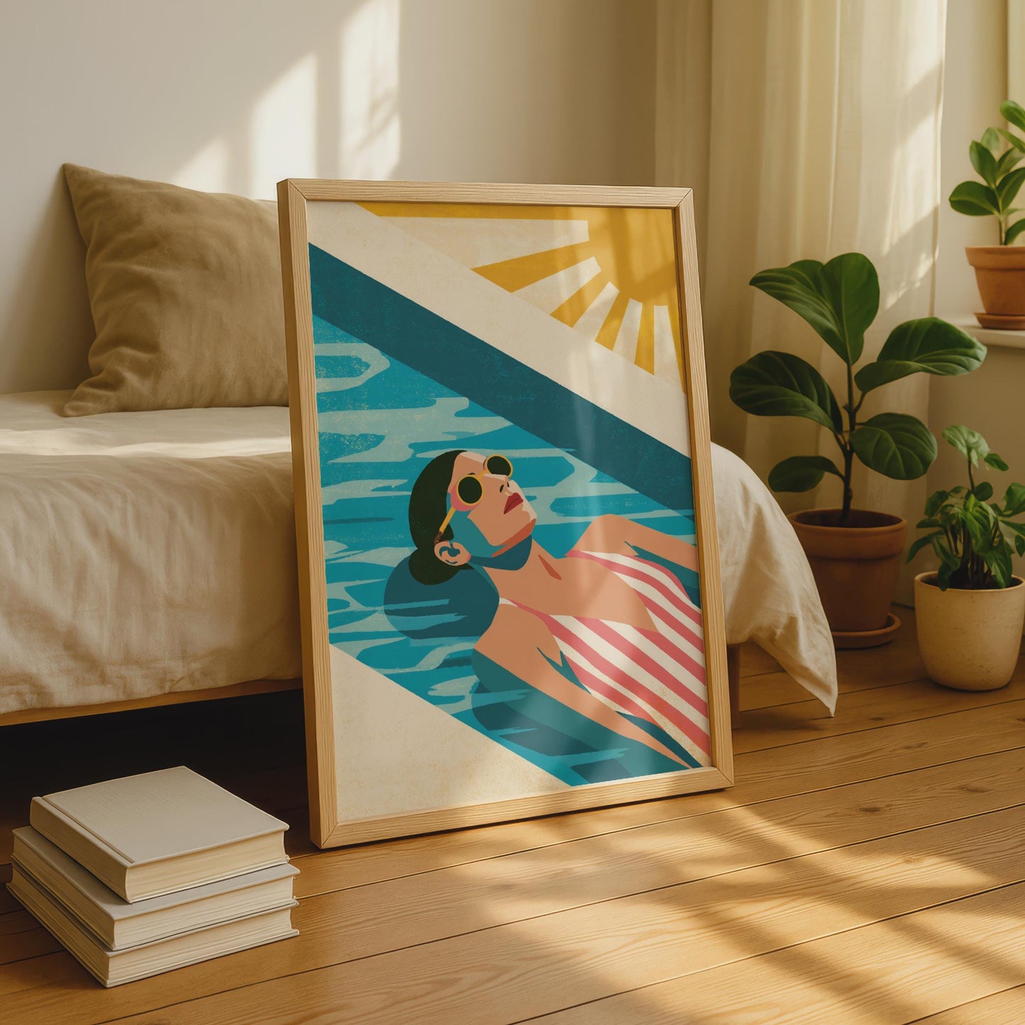 Summer Pool Art Print, Retro Woman Sunbathing Poster, Vintage Sun Wall Art, Teal