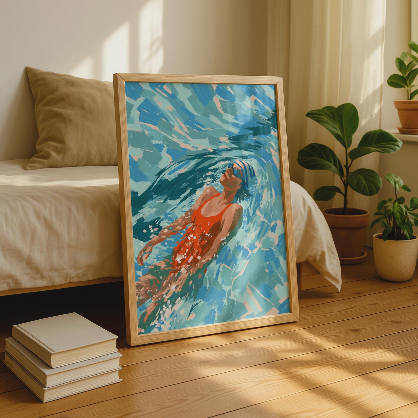 Female Swimmer Art Print, Red Swimsuit Pool Poster, Summer Swimming Wall Art, Teal Blue Decor