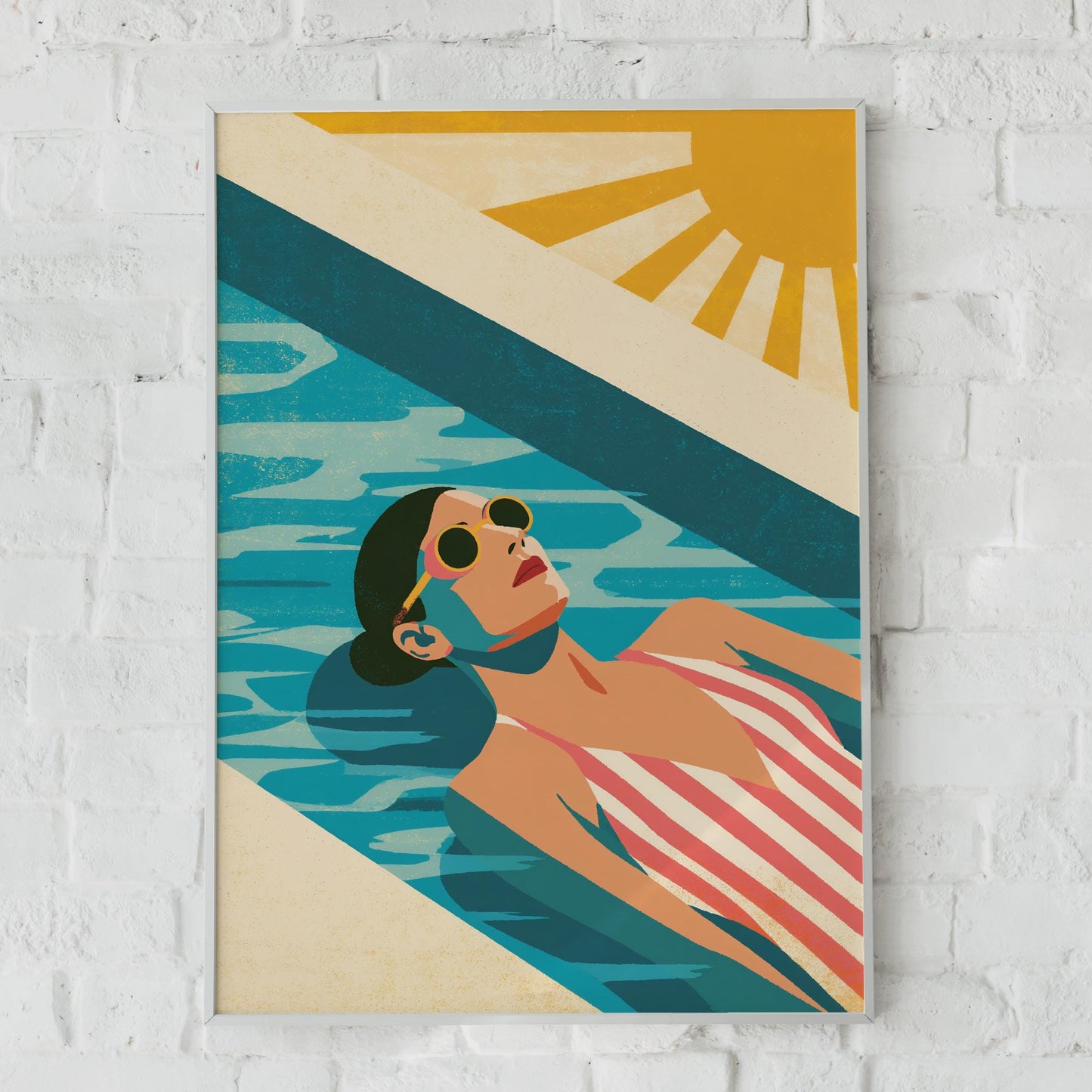 Summer Pool Art Print, Retro Woman Sunbathing Poster, Vintage Sun Wall Art, Teal